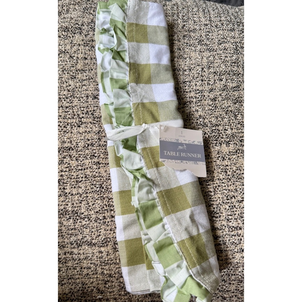 Sage Green Buffalo Check Ruffled Table Runner 14x64 Farmhouse Spring Decor